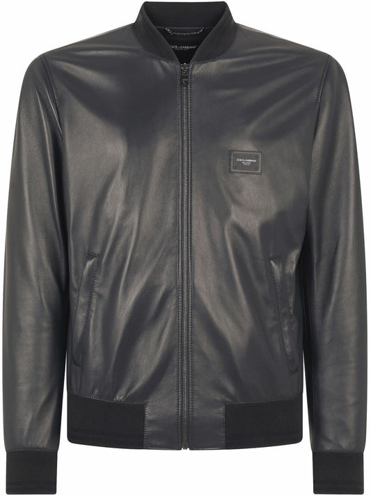 Logo-plaque leather bomber jacket