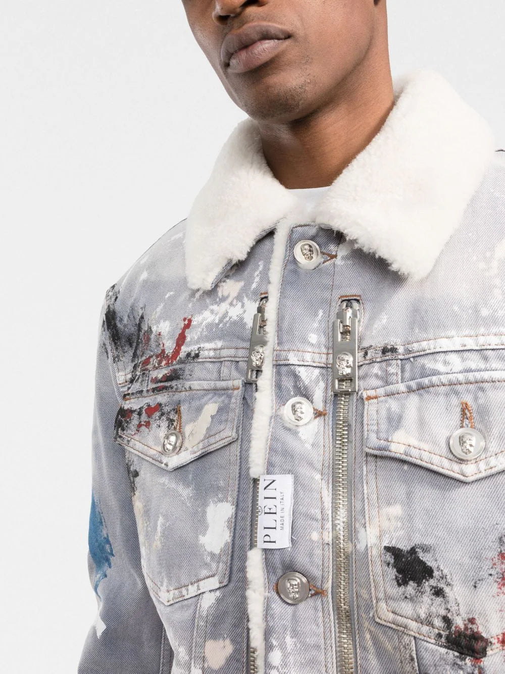 painterly-print sherpa denim jacket