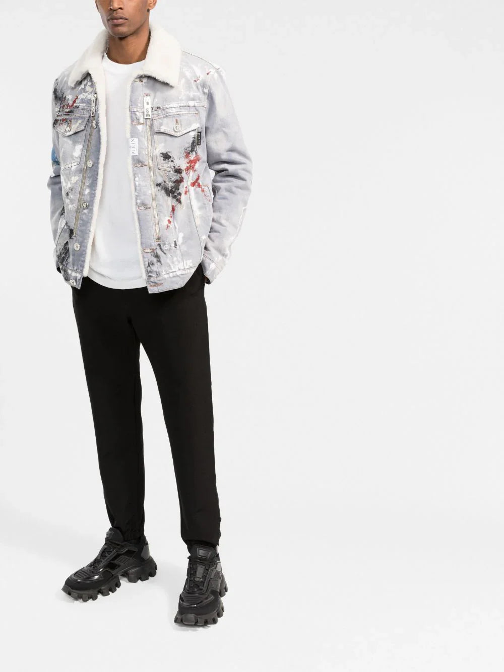 painterly-print sherpa denim jacket