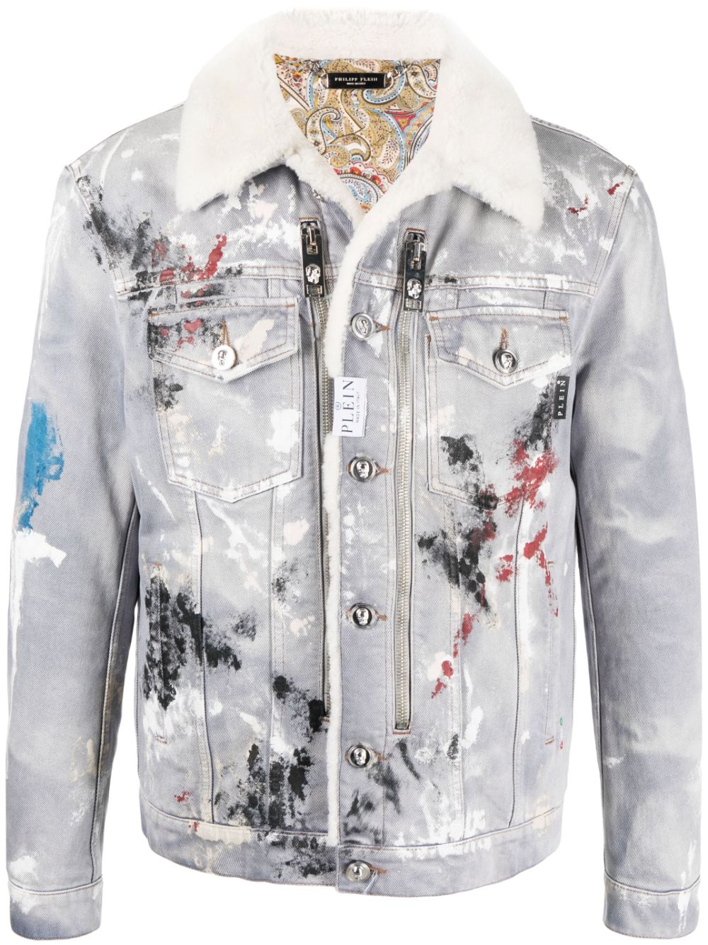 painterly-print sherpa denim jacket