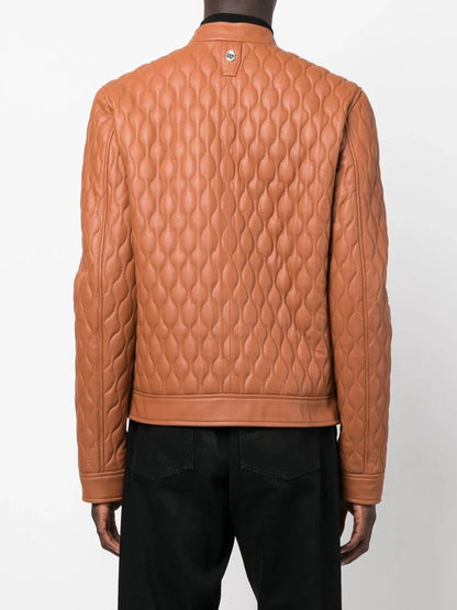 Crest-motif quilted leather jacket