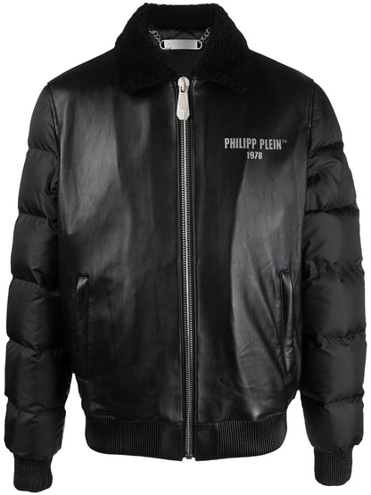 Logo-print padded leather jacket