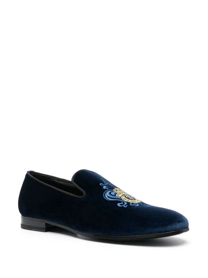 Crest-motif velvet loafers