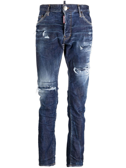 Distressed-finish denim jeans