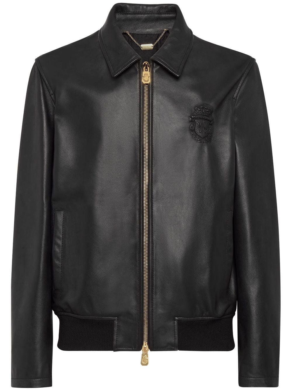 crest-embossed leather bomber jacket