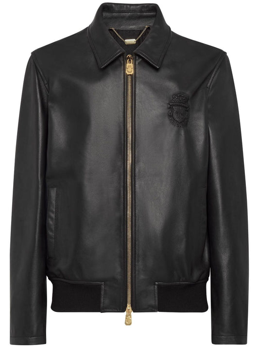 Crest-embossed leather bomber jacket