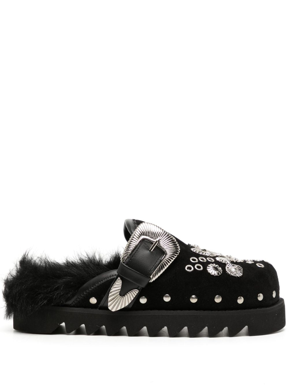 studded faux-fur mules