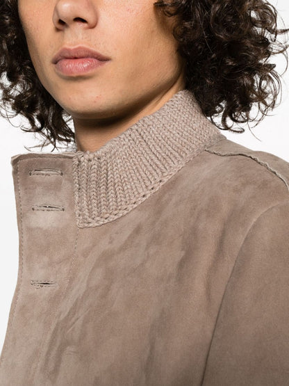 Knitted-trim suede shirt jacket