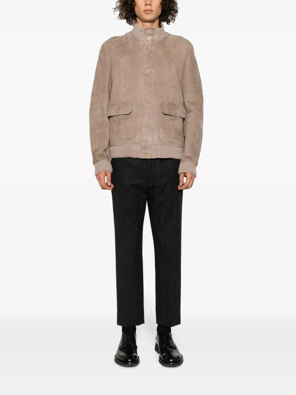 knitted-trim suede shirt jacket