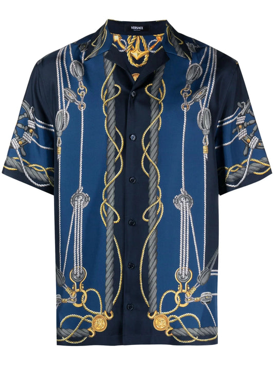 Nautical Print Short Sleeve Silk Shirt