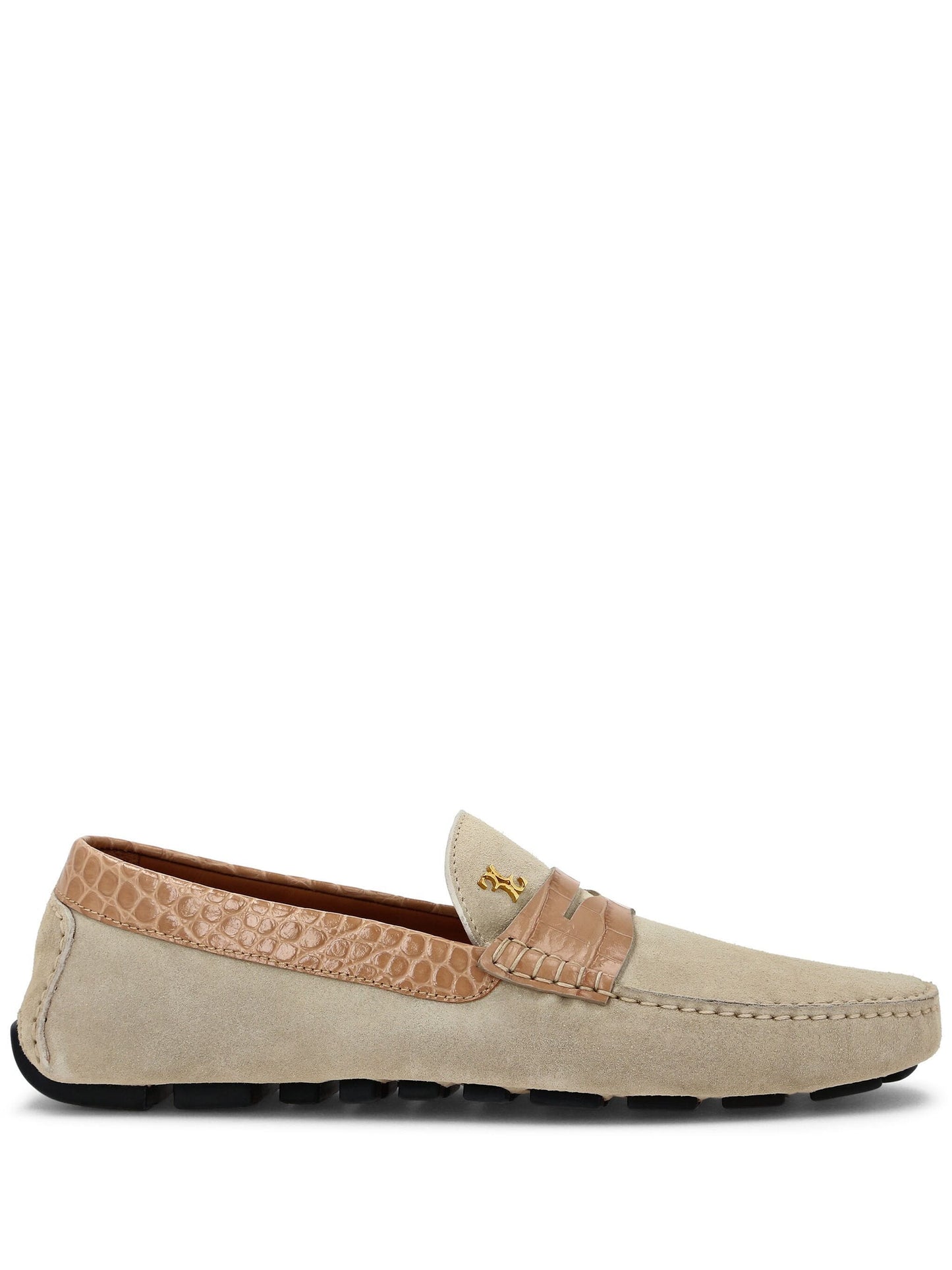 crocodile-trim suede loafers