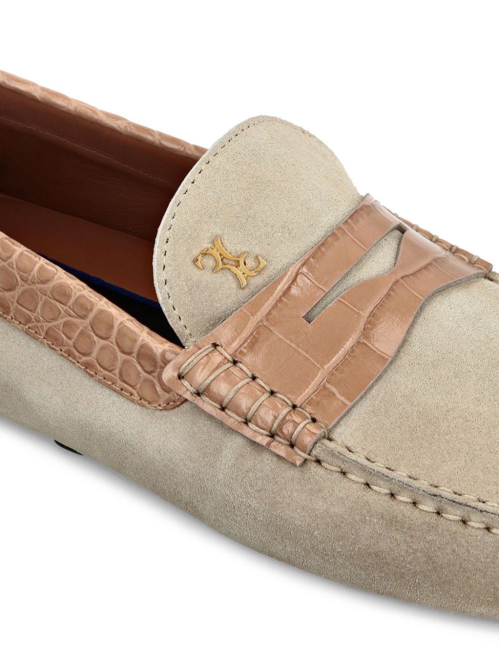 crocodile-trim suede loafers