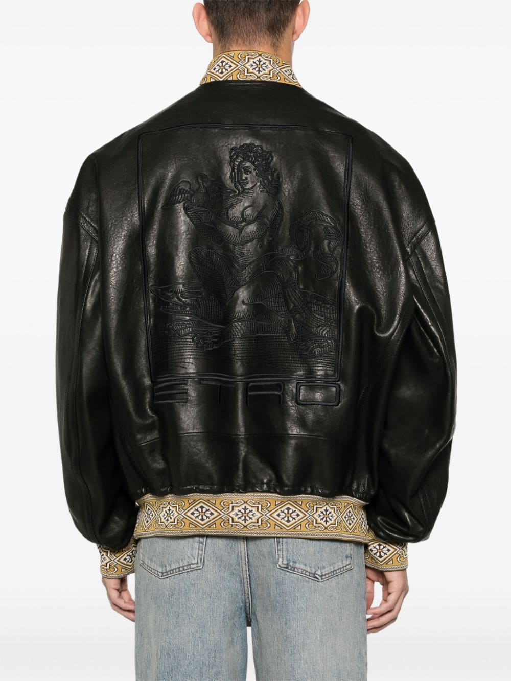 embroidered-logo leather jacket