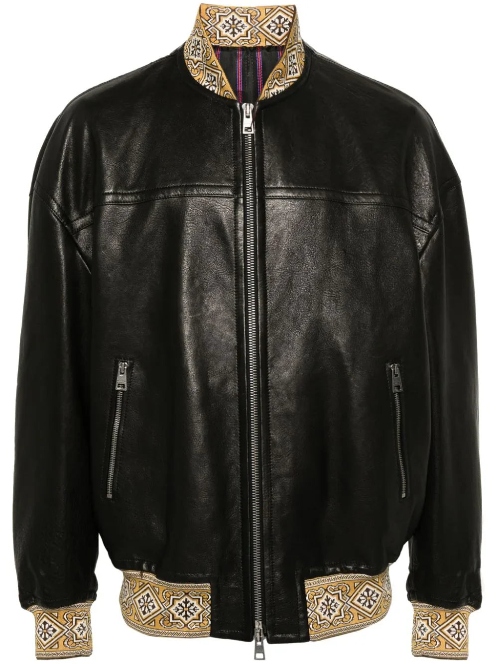 embroidered-logo leather jacket