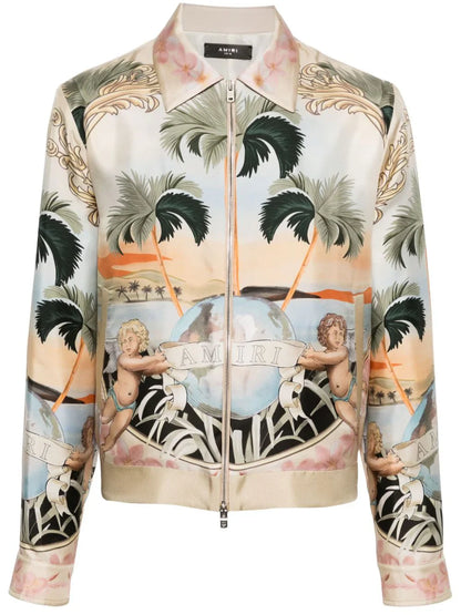 Graphic-print silk bomber jacket