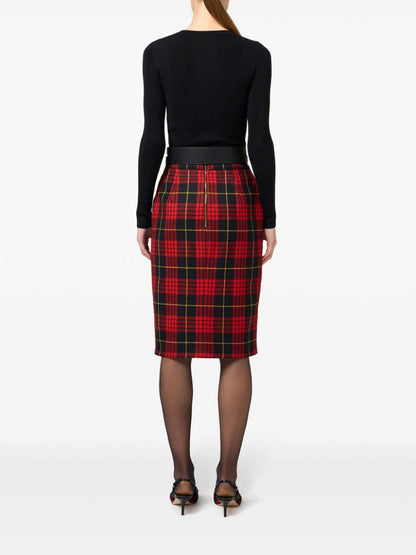 Belted tartan midi skirt