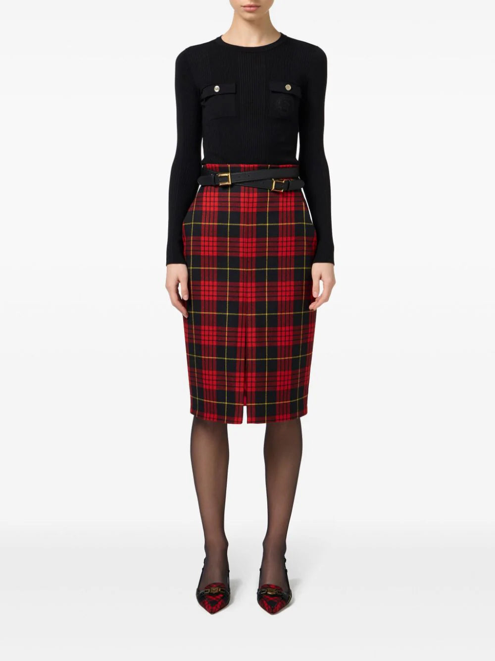 belted tartan midi skirt