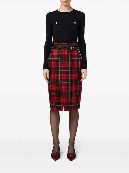 Belted tartan midi skirt