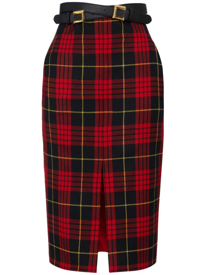 Belted tartan midi skirt